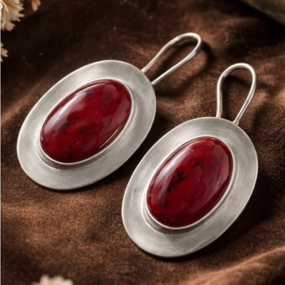 Taxco Jewelry - Vintage Taxco Mexican Sterling Silver Red Jasper Oval Statement Earrings 925